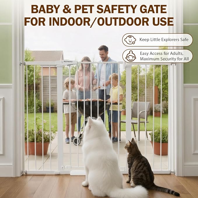 Mumeasy 36" Extra Tall Baby Gate for Doorways, 29.7"-57" Extra Wide Dog Gate for Stairs, Pressure Mounted Auto Close Pet Safety Gate with Easy Walk Thru Door, Large Indoor Child Gate for House, White