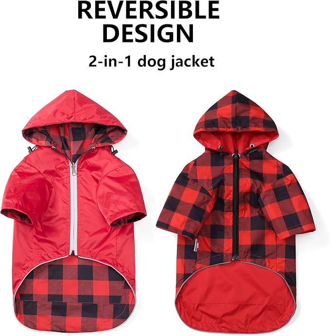 Dog Raincoat Dogs Waterproof Reversible rain Jacket Dog Small Medium Breeds Reflective Zipper Storage Pocket Harness Hole - Red - XS