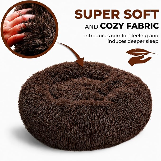 Whiskers & Friends Cat Beds for Indoor Cats, Fluffy Cat Bed Small to Large | Orthopedic Soft Plush Calming Donut Bed, Washable Round Pet Bed, Sized for Kitten to Large Cats & Puppy to Small Dogs
