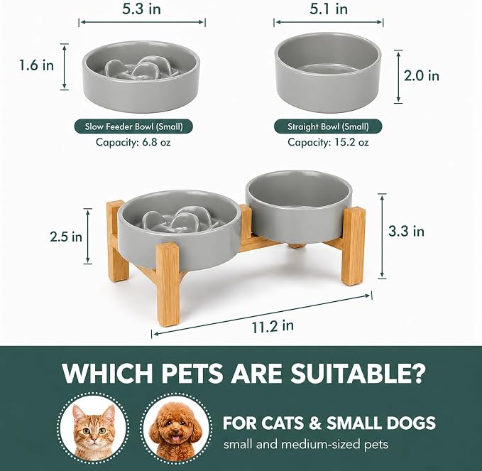 Ceramic Slow Feeder Dog Bowls with Raised Stand, 0.9 Cups Elevated Slow Feeding Bowl for Small Dogs and Cats, Non-Slip Pet Food Dish Helps Reduce Gulping and Bloating