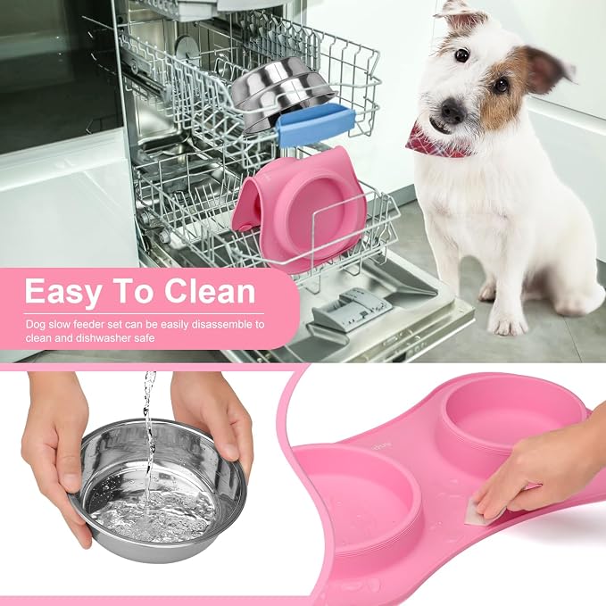 Slow Feeder Dog Bowls 3 in 1 Stainless Steel Food Water Bowl to Slow Eating | Durable, Non-spill & Non-skid with Silicone Mat Design, Slow Down Eating, Suitable for Small Medium Large Dogs and Cats