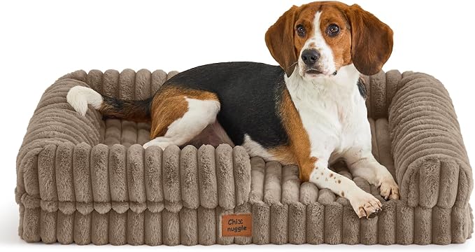 ChiXnuggle Faux Fur Orthopedic Dog Bolster Bed, Waterproof Washable Cover | rectangular dog sofa couch,egg crate foam,non-slip bottom,for large dogs,taupe,35*28*7