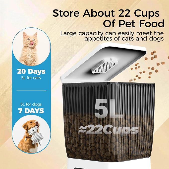 Automatic Cat Feeder with Wide-Angle Camera, 5L(Double-Bowl pro) | Auto Dog Food Dispenser , App Control, 1080P Night Vision,Motion Detection, Two-Way Audio, Large Hopper, Feeding Timer