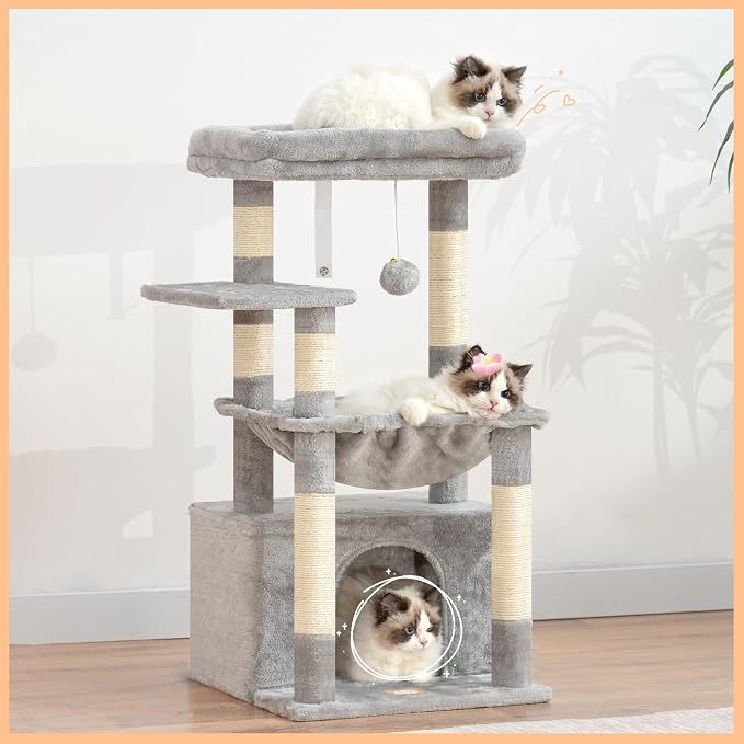 Heybly Cat Tree, Kitten Tower with Large Soft Cat Basket HCT008SW | Cat Condo with Spacious Cat Bed Cave with Hidden Space, Sisal Scratching Posts, Dangling Ball for Indoor Cats, Light Gray