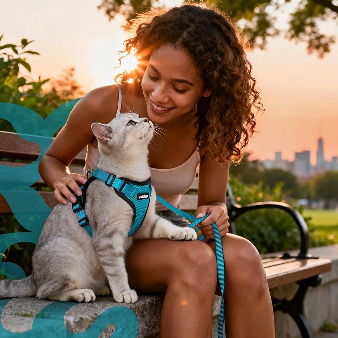 rabbitgoo Cat Harness and Leash Set, Escape Proof Vest, Teal | Soft Breathable Mesh, Easy Adjustable Fit, Snap Buckles, Sturdy Clip, Reflective Strips, for Small & Average Cats Walks, Xs