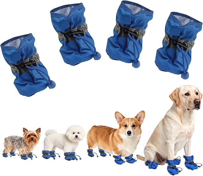 Non-Slip Dog Cat Boots with Reflective Straps, Pet Shoes for Medium Large Dogs Outside, Paw Protectors for Summer Hot Pavement, Indoor Hardwood Floor (Blue, 6)
