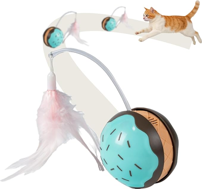 Interactive Cat Toys for Indoor Cats, Automatic Rechargeable Rolling Ball | Realistic Bird Chirping Sound, 6-Color Breathing Light Wand, Feather & Tail Attachments included, Large 3-Inch Ball Design