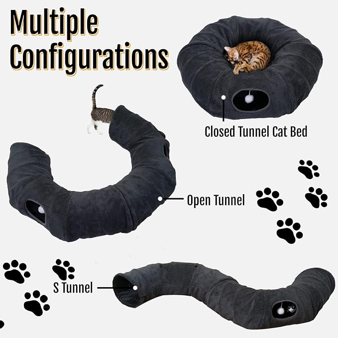 Cat Tunnel Bed with 2 Catnip Fish Toys (1000mg Natural Catnip) Interactive Cat Toys, Cat Tubewith Kitten Toys for Indoor Kittens, Collapsible Play Tunnel, Dark Grey