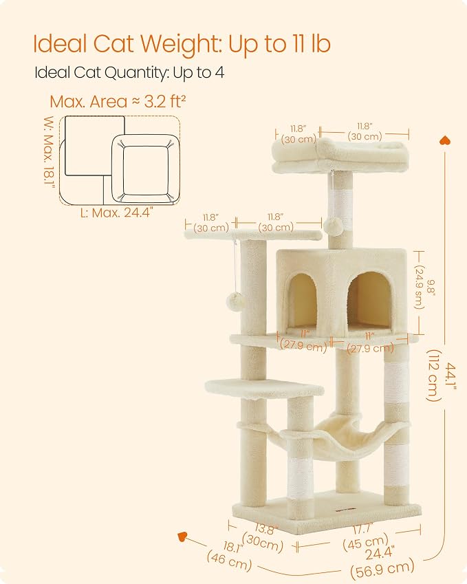 Feandrea Cat Tree, 44.1-Inch Cat Tower, Plush Multi-Level Condo with 4 Scratching Posts, 2 Perches, Hammock, Cave, Beige UPCT261M01