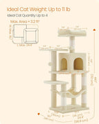 Feandrea Cat Tree, 44.1-Inch Cat Tower, Plush Multi-Level Condo with 4 Scratching Posts, 2 Perches, Hammock, Cave, Beige UPCT261M01