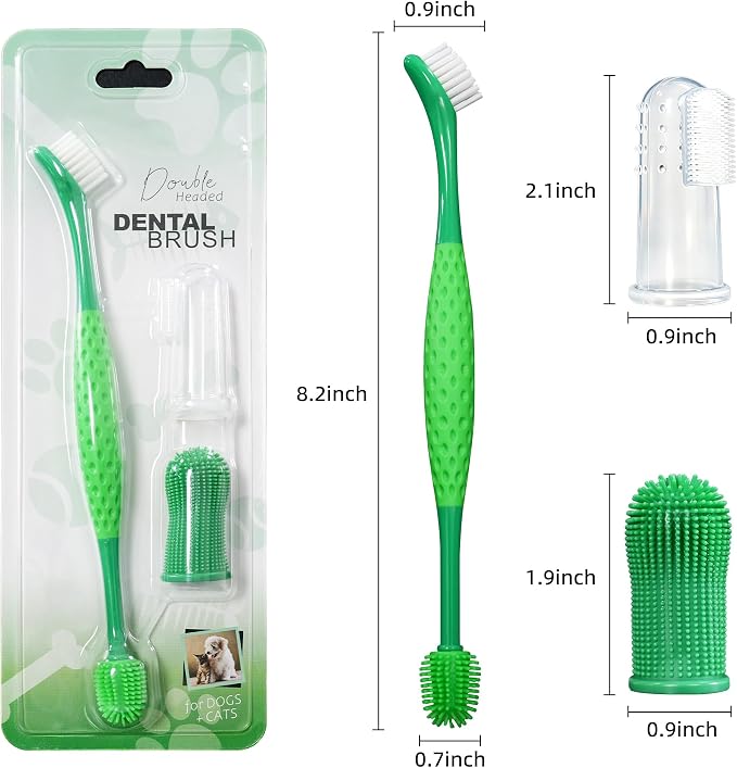 Pet Toothbrush Set for Dogs and Cats, Dual-Head Toothbrush with 2 Finger Toothbrushes, Soft Bristle & Silicone Pet Teeth Cleaning Kit, Remove Plaque Tartar Buildup, Oral Dental Care Supplies