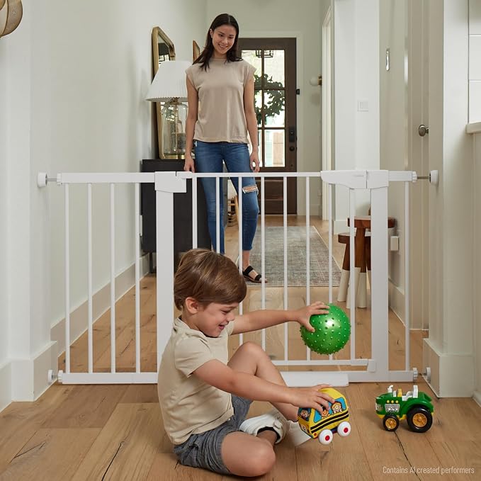 Cumbor 30-46" Baby Gate for Stairs, Auto Close Dog Gate for Doorways White | Toddler Safety Essentials for the House, Mom's Choice Awards Winner-Easy Install Pressure/Hardware Mounted Pet Gate for Dogs
