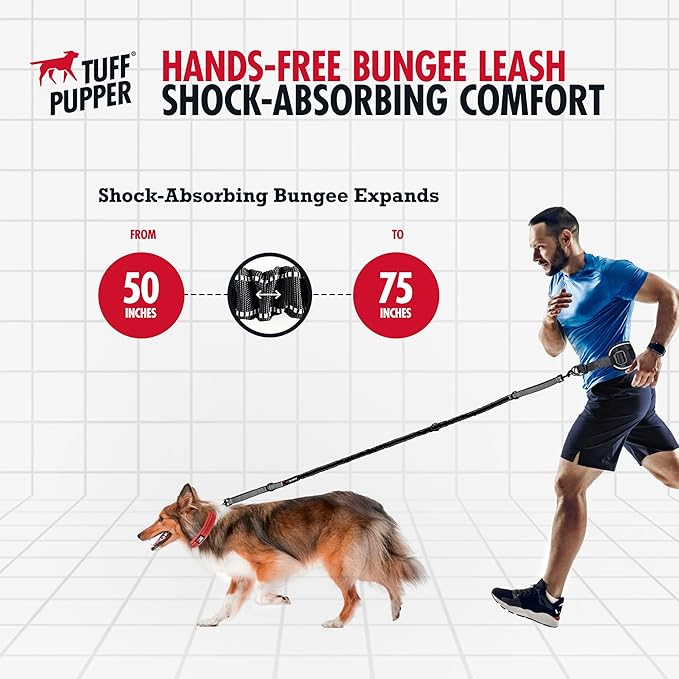 Tuff Pupper Hands Free Bungee Dog Leash, Waist Belt for Running & Walking | Heavy Duty for One Large Dog up to 125 lb, Shock Absorbing with Lumbar Support & Reflective Padded Handles for Jogging