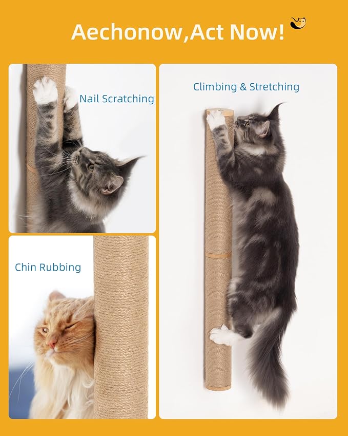 Aechonow 34" Cat Scratching Post, Wood Wall Mounted Cat Scratcher for Cats | Cat Wall Scratcher,Cat Wall Furniture for Indoor Cats,Cat Wall Wood Climber, Natural Sisal,Tall & Sturdy Corner Climbing Pole