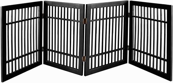 Urnporium Pet Dog Gate Freestanding, Strong Durable Folding Wooden Fence, Portable Acacia Hardwood Safety Barrier for Indoor & Outdoor Use (Black Pet Gate, 4 Panel 24" Tall)