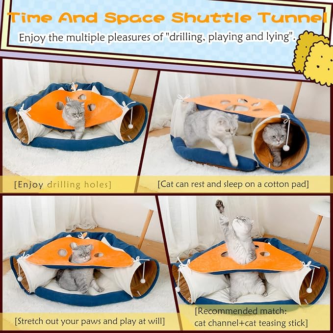 LEFTSTARER 2-in-1 Collapsible Cat Tunnel for Indoor Bed and Hideout - Pet Dog Rabbit Bunny Ferret Tunnel Tubes Toys with Removable Washable Mat, Tower Wheel Stuff