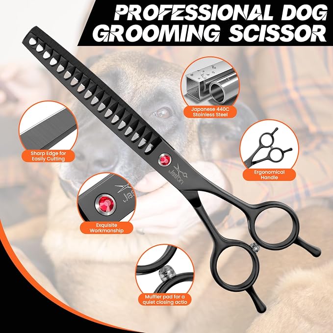JASON Dog Grooming Chunker Scissors - 7" Professional Thinning Shears Black | 18 Teeth Japanese Stainless Steel Hair Scissor for Dogs, Cats and Other Pets, Gift
