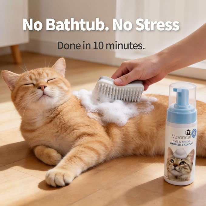 Mooncat Waterless Cat Shampoo + 2-in-1 Cat Bath Brush Set, No Rinse Dry Foam Bath for Short Hair Cats & Kittens, SGS-Tested Lick-Safe, Veterinarian Approved & pH-Balanced, Brush, 5 oz | Waterless shampoo spray, Deodorizes & removes dander, Dual-sided s...