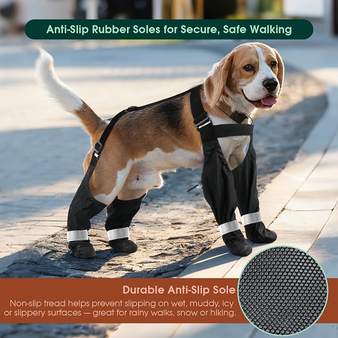 Waterproof Dog Suspender Boots, Black, M | Reflective, Anti-Slip, Adjustable Straps for Small Medium Large Dogs, Stay-On Paw Protector Leggings