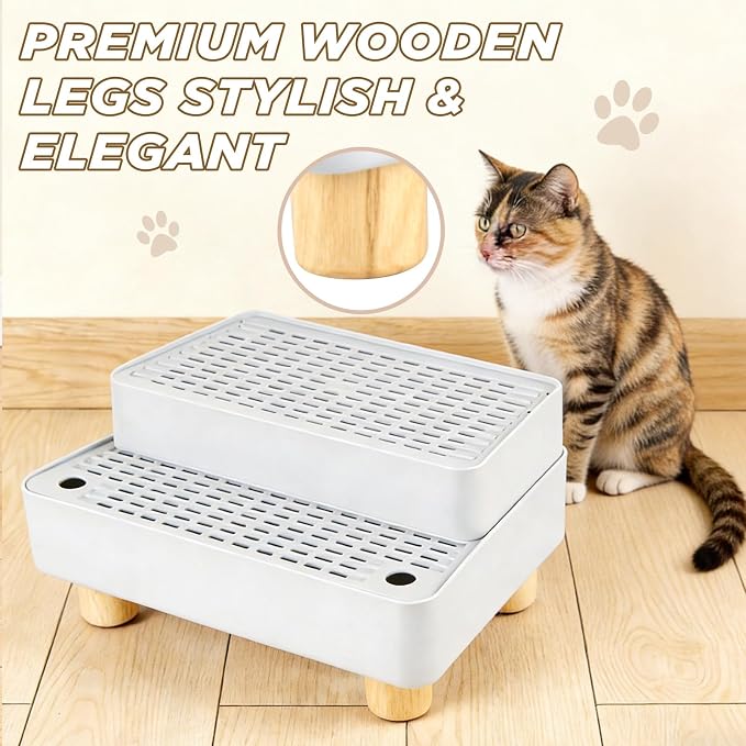 Adjustable Litter Box Step, Cat Litter Box Ramp/Catcher with Wooden Feet | 2 Steps,Fits Automatic Litter Box Steps, Filter Function, Anti-Tracking, Easy to Clean, For Small & Elderly Cats