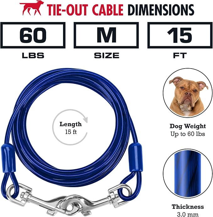 Tuff Pupper Dog Tie Out Cable, 15 ft Heavy Duty Lead for up to 60 lb Dogs | Extra-Strong Coated Steel Wire for Large Dogs; Water/Rust Resistant Yard Runner Line with 360-Degree No-Tangle Swivel Clips