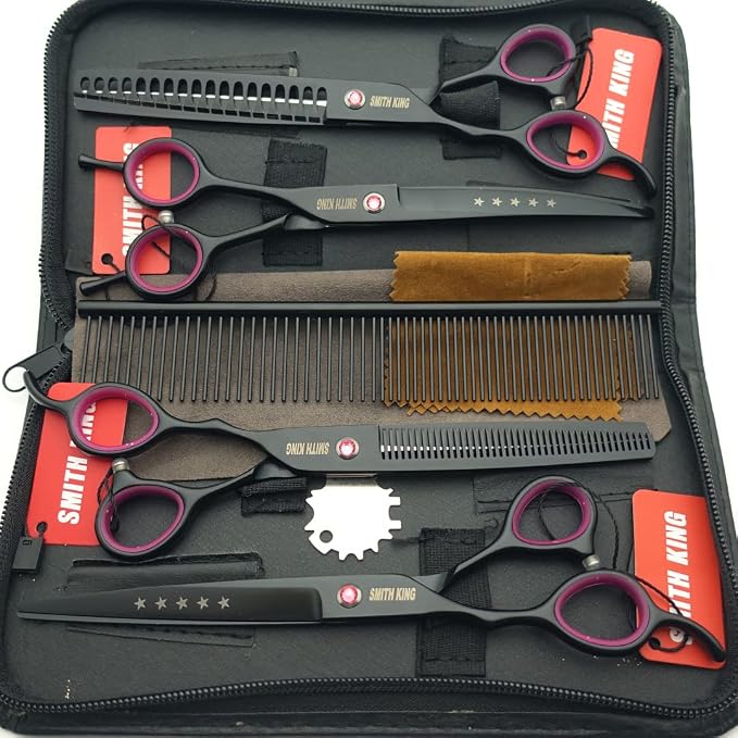 7.0 inches Professional Dog Grooming Scissors Set Straight & thinning & Curved & chunkers & comb 5pcs in 1 Set for left-handed & right handed Black
