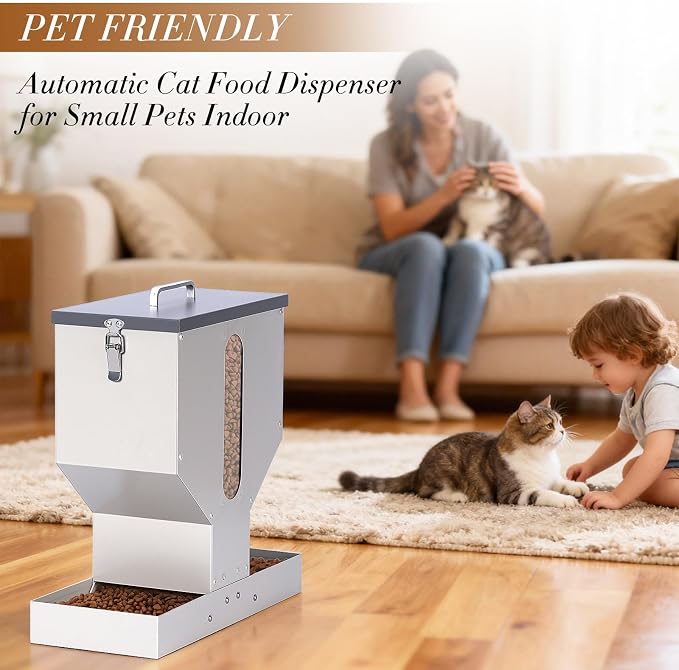 Automatic Cat Feeder 2 Cats Gravity Dual Cat Food Dispenser | Auto Dry Food Dispenser with Strong Anti-Jam System Galvanized Steel Pet Food Station Indoor & Outdoor Double Bowls