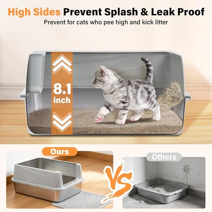 Stainless Steel Cat Litter Box for Kittens, Low Entry Kitten Litter Box | Small Metal Litter Box, Includes Scoop and Mat, High Sided, Non-Sticky, Anti-Urine Leakage, Easy Cleaning