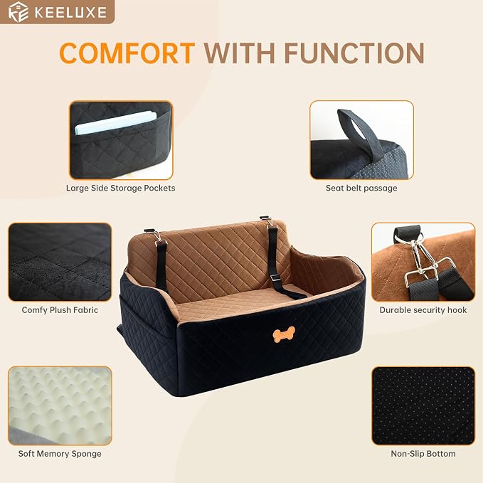 Car Seat for Large Size Dog, Booster Seat for Dogs Under 55 lbs or 2 Small Dogs, Soft Car Dog Bed Filling in Thick Memory Foam with 2 Safety Leashes and Storage Pocket (Brown/Black)