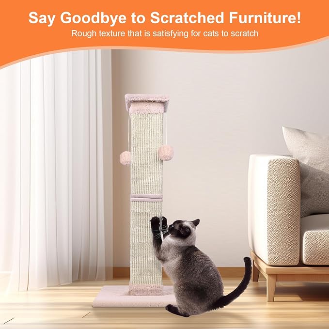 Cat Scratching Post 33 Inch Nature Sisal Cat Scratch Post for Indoor Cats, Large Cat Scratcher Protect Your Furniture Pink