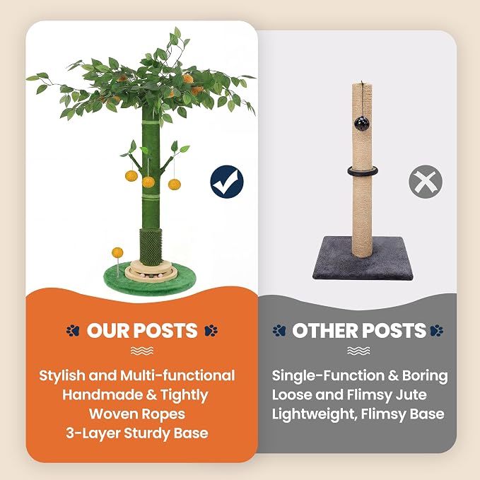 46" Extra Tall Cat Scratching Post for Large Cats, Sisal Rope | Heavy duty vertical sisal scratcher & stable climbing pole with hanging ball, tall post for adult cats full body stretch