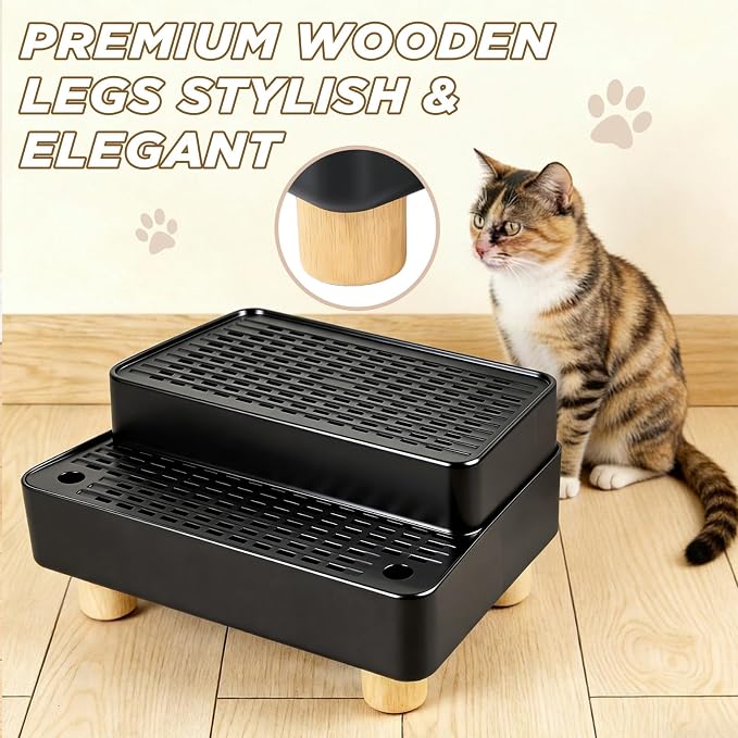Adjustable Litter Box Step, Cat Litter Box Ramp/Catcher with Wooden Feet | 2 Steps,Fits Automatic Litter Box Steps, Filter Function, Anti-Tracking, Easy to Clean, For Small & Elderly Cats