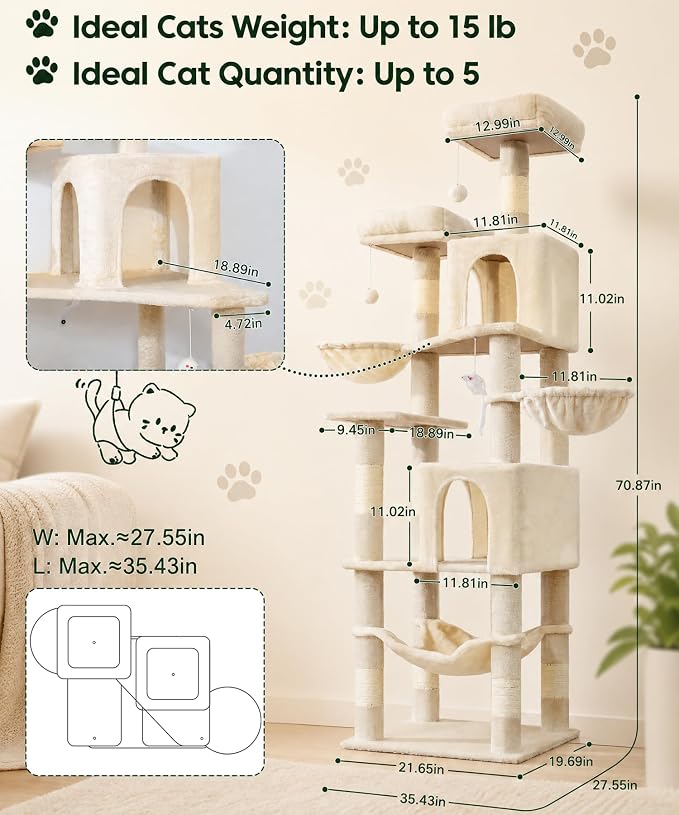 AMHANCIBLE 70 Inch Cat Tree for Large Cats, Multi-Level Cat Tower | Cat Houses & Tree Tower with 2 Condos, 8 Sisal Posts & Hammock for Indoor Cats Large Adult, Beige