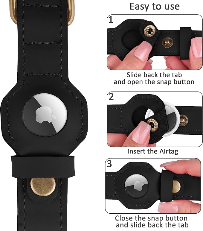 AirTag Dog Collar - Genuine Leather Dog Collar with Apple AirTag Holder and Metal Buckle - Smart GPS Tracking Pet Collars (Black, M, 14"-18" Neck Fit)