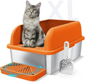 Suzzipaws XL Enclosed Stainless Steel Cat Litter Box for Big Cats | High-Side Anti-Leakage Stainless Steel Litter Box, Non-Sticky, Easy-Clean, Less Tracking for Multi-Cat Homes, Orange