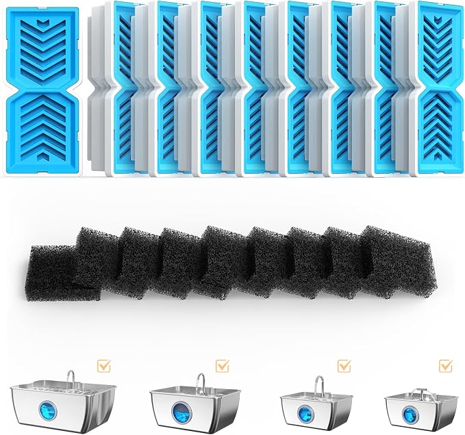HINTON Pet Water Fountain Replacement Filters & Pre-Filter Sponges for 3.2L/7L/12L Dog and Cat Water Fountain - 9 Pack Filters & 9 Pre-Filter Sponges