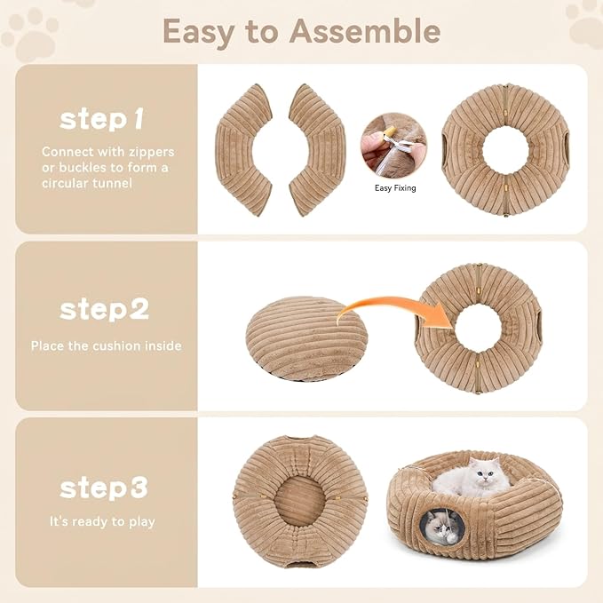 Cat Tunnel Bed Cave - Washable Cushion for Indoor Cats, Peekaboo Hideaway Cave for Indoor Cats, Kittens, Puppies, Rabbits, Luxurious Striped Hare-Feel Fabric, Tunnels for Indoor Cats Large(Khaki)