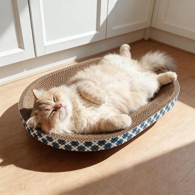 Cat Scratcher Bed with Toys, 4 Pack Oval Cat Scratcher Cardboard, Indoor Cat Scratch Bowl, Large Pad Cat Scratching Board with Catnip Fish Toy & Feather Wand for Furniture Protector L(17.5"x12.6"x3")