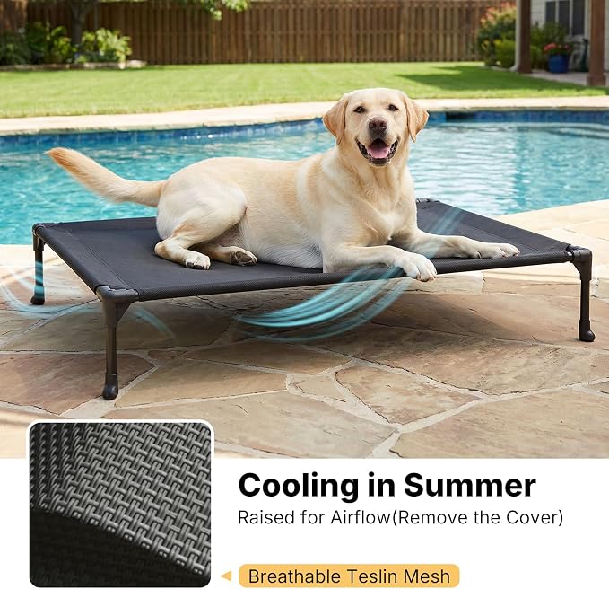 Veehoo Outdoor Elevated Dog Bed with Washable & Waterproof Cushion, Cooling | Medium Raised Dog Cot with Removable Cover, Brethable Mesh, Orthopedic Pet Bed for Indoor & Outdoor, 32" x 25", Dark Grey