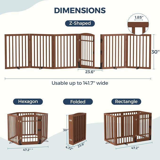 Homykic Dog Gate Indoor, 142" W x 30" H Extra Wide Foldable Bamboo Pet Gate with Door, No Assembly Freestanding Dog Fence with 2 Support Feet & 360°Hinges for Doorways Hallways (Walnut, 6 Panels)