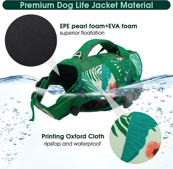 Kuoser Dog Life Jacket, High Flotation Reflective Dog Life Vest, Printed, M | Adjustable Dog Lifejackets for Small Medium Large Dogs, Lifevest with Rescue Handle for Swimming, Boating, Lake, Beach & Pool