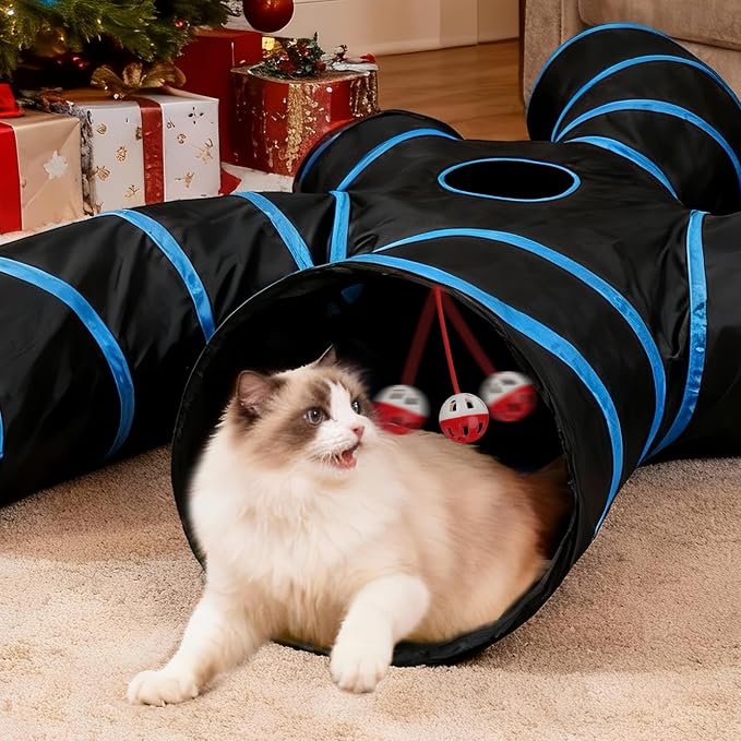 Joytale Cat Tunnel for Multiple Cats, 5-Way Indoor Tube Toy to Chase & Hide | Bell ball & Toy Mouse Included; Peekaboo Hole; Pops Open & Folds Into Zip Bag; Fits Cats to ~12 lb; Kittens & Rabbits Too