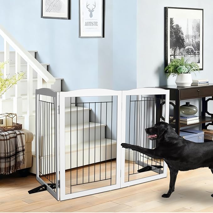 ZJSF Freestanding Dog Fence Indoor, Foldable Dog Gate for Doorways, Stairs or Hallways, Sturdy Wood Extra Wide Pet Gate with Support Feet for The House, White, 32 "Height-6 Panels