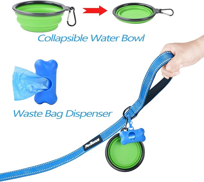 PetBonus Double Dog Leash, No Tangle Dual Leash, Walking Training Lead | 4 Comfortable Padded Handles, Adjustable, Reflective, For Two Large Medium Dogs, Collapsible Bowl and Waste Bags, Light Blue
