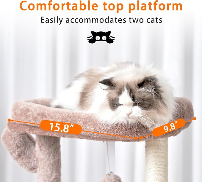 Heybly Cat Tree, 40" Tower with All-Sisal Wrapped Scratching Post HCT006SMU | Cat Tower for Indoor Cats, Cat Condo with Soft Platform, 2 Baskets and Dangling Toy, Rosy Brown