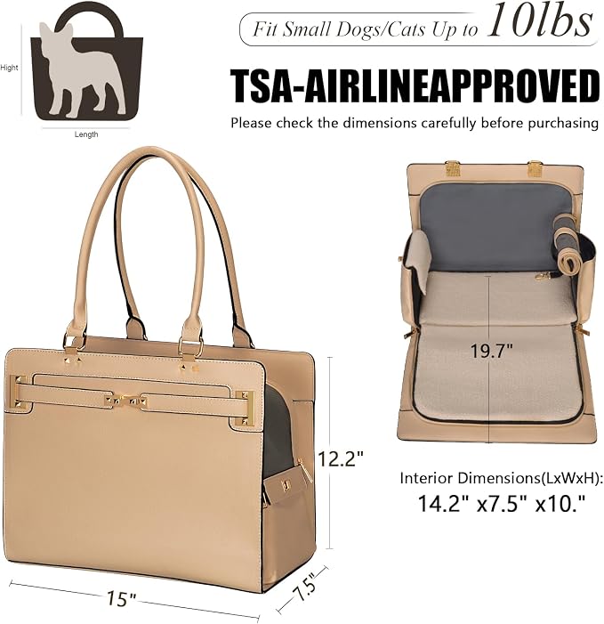 2-in-1 Stylish Dog Purse Carrier Soft-Sided Carriers Travel Tote Bag for Small Dogs Cats, Fashion Foldable Pet Bag for Puppies Small Animals with Pockets (Khaki, 15" L x 7.5" W x 12.2" H)