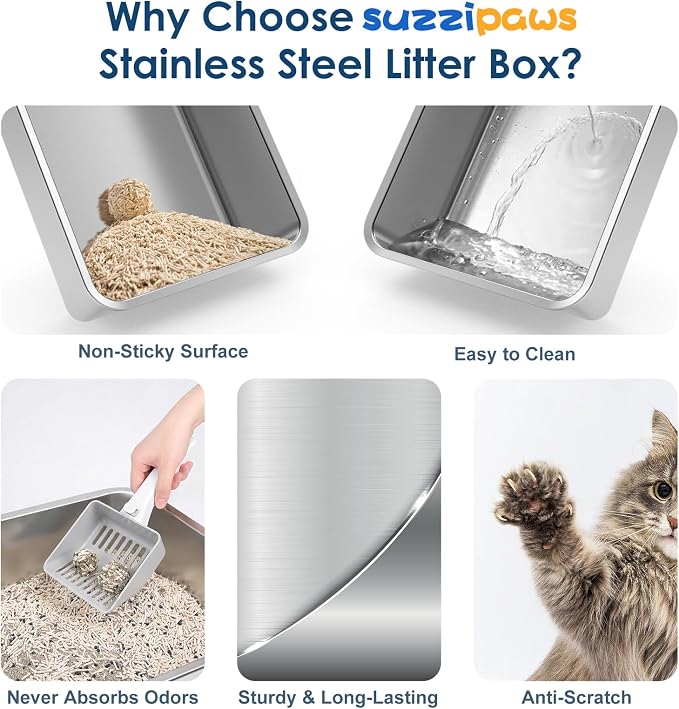 Suzzipaws XL 8" Deep Enclosed Stainless Steel Cat Litter Box for Big Cats | High-Side Anti-Leakage Structure, Non-Sticky Surface, Simple Daily Cleaning, Comes with Scoop & Filter for Multi-Cat Homes
