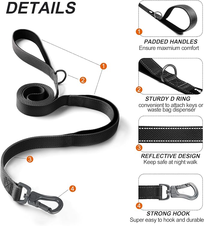TwoEar 5FT 1IN Strong Black Dog Leash with 2 Padded Handles, Traffic Handle Extra Control, Comfortable Soft Dual Handle, Auto Lock Hook, Reflective Walking Lead for Small Medium and Large Dogs | Traffic Handle Extra Control, Auto Lock Hook, Strong Refl...