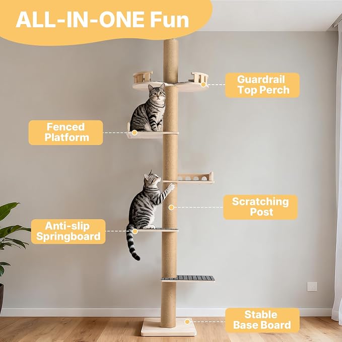 Veehoo Floor to Ceiling Cat Tree, 61-113" Adjustable Tall Tension Cat Tower | 4.5" Sturdy Thickened Scratching Posts, Space-Saving, 6 Tier Climbing Pole, No Drilling, Corner Tree for Indoor Cat, Wood