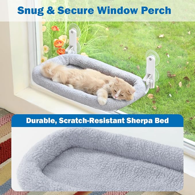 Zakkart Foldable Cat Hammock for Window - Cordless, Embeded Machine Washable Bed, Robust Metal Frame - Cat Window Perch for Large Cats and Kittens (Gray Bolster Bed, Large)